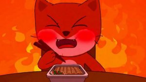 Рыжий кошак ест острый говяжий доширак