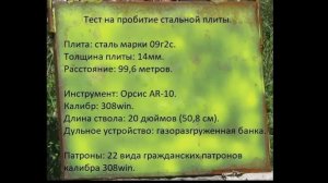 Тест на пробитие стальной плиты из Орсис (Orsis) AR-10 на 100 метрах 22-мя видами патронов 308win.