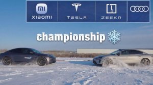 Снежный баттл по перетягиванию: Tesla vs Xiaomi vs Zeekr — кто сильнее?