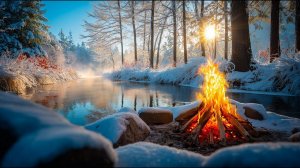 Зимнее утро в лесу на рассвете. Релакс звуки: Костёр, вода и утренние зимние птички