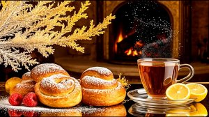 Уютный, Зимний вечер у камина Горячий ароматный чай Расслабляющая музыка Вкусные булочки