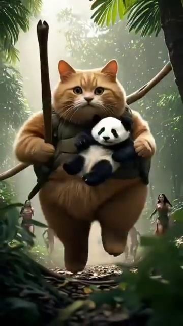 Рыжий кот спасает панду
