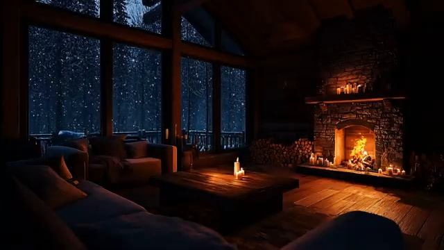 Релакс. Камин. падающий снег, Мягкие фортепианные мелодии зимней ночью.