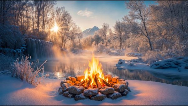 Зимний костёр у реки ❄️ Утренний свет и естественное течение воды