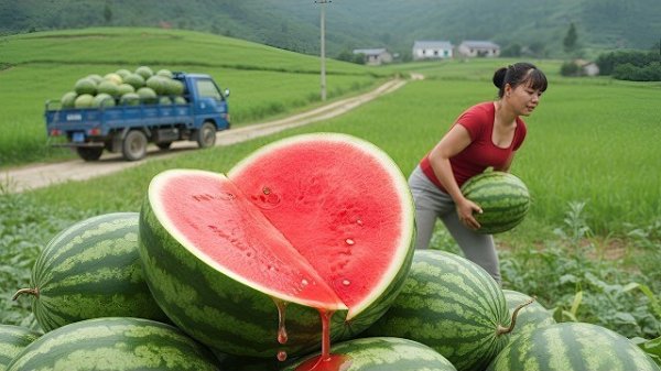 Собираю много больших и тяжелых арбузов. Загружаю грузовик и везу на рынок продавать. Фуонг. Вьетнам