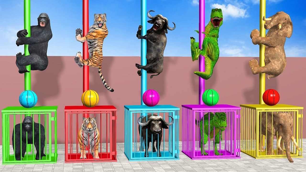 Веселые игры с слоном, гориллой, бегемотом, тигром - 3D игра с животными - Забавные 3D животные