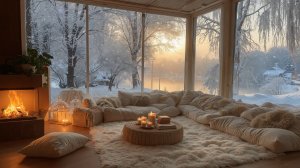 🔥 Уютный зимний камин у окна ☀️ Мягкий рассвет и спокойный джаз