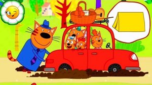 Три Кота Помоги Папе Коту толкнуть машину! Собери с котятами палатку!