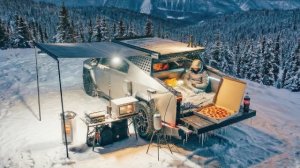 Зимний кемпинг при температуре -20℃ в снежную бурю. Ночевка в машине Тесла Кибертрак. Бушкрафт