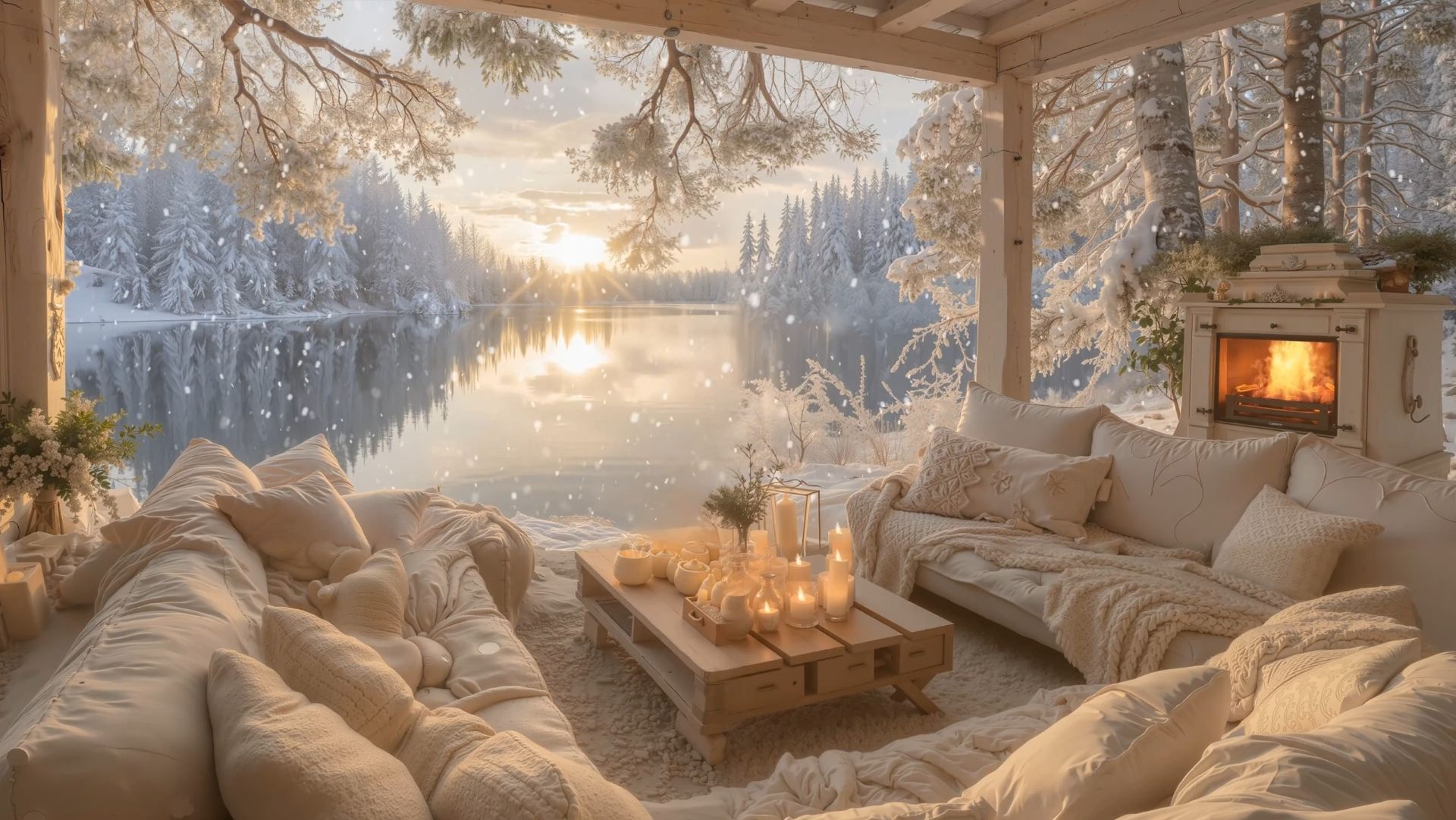 🔥 Утренний зимний камин у озера ❄️ Тихий рассвет и спокойная атмосфера смотреть онлайн