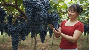 Сбор большого количества спелого винограда для продажи на рынке. Фуонг. Вьетнам