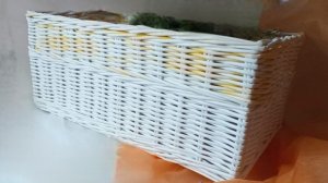 МК. Короб белый с жёлтыми вставками из бумажной лозы. #26