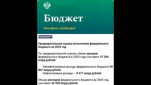 Оценка бюджета за 2025 год, доходов 37 284 расходов 42 928 дефицит 5644 млрд руб. (15,13%) 19 января