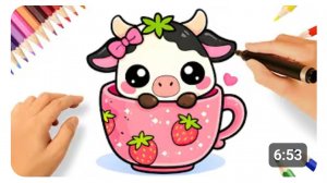 КАК НАРИСОВАТЬ МИЛУЮ КОРОВУ В ЧАШКЕ С КЛУБНИЧКАМИ 🐮🍓