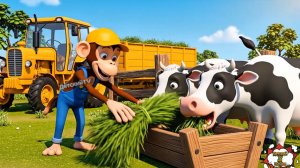 Обезьянка на тракторе 🐒🚜 застрял в грязи — спасение на ферме | Весёлый мультфильм для детей