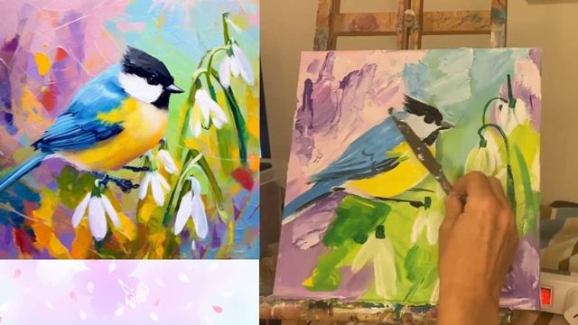 Урок рисования «Весна пришла! " Рисуем синичку в подснежниках , акрил, текстурная паста. смотреть онлайн