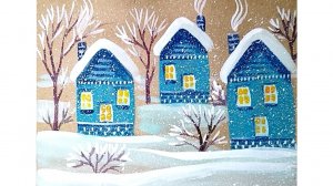 Зимний пейзаж с синими домиками. Рисунок гуашью на крафтовой бумаге.