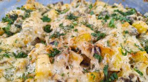 Картофель с куриным филе и грибами в духовке. Очень вкусный рецепт