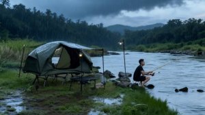 Кемпинг в дождь около реки, рыбалка.