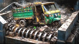 Монстр-шредер измельчает грузовые рикши за считанные секунды. Экстремальная машина для измельчени