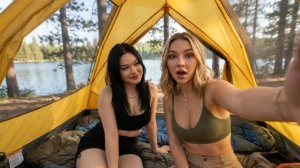 Красивый кемпинг ,красивых девушек на берегу озера, рыбалка и ужин.