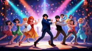 Cartoon and fairy tale characters dance disco.
