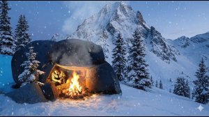 Строительство пещерного убежища. Одиночный кемпинг у подножия снежных вершин. Бушкрафт