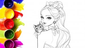 Барби с котёнком раскраска для девочек