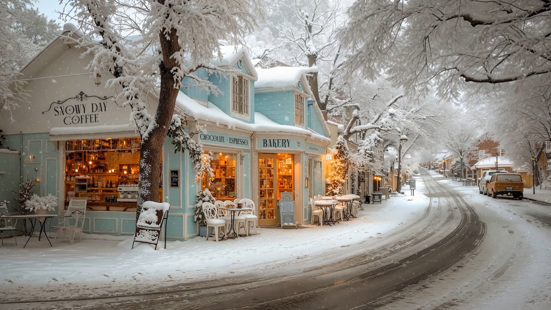 ☕ Снежное утро у уютного кафе ❄️ Тихая зимняя улица и мягкий джаз смотреть онлайн