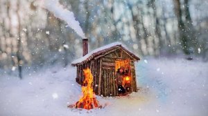 Ночевка в теплом и уютном бревенчатом домике в лесу. Бушкрафт