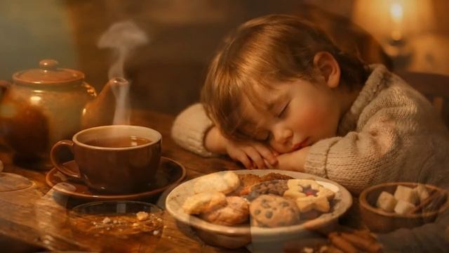 Ребенок зевает за чашкой чая