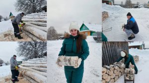 Приехали дети в гости ,пилим дрова .