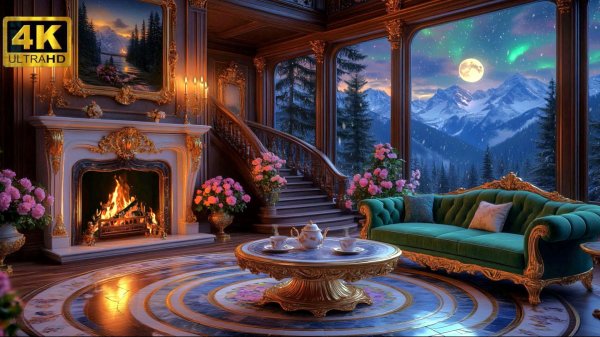 Камин в элитных апартаментах. Камин 4K‑видео с реалистичными звуками огня