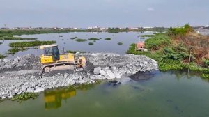 Watch Out! Dump Truck Carrying Rock Get Stuck in Deep Pit and Bulldozer Push Rock to connect Road