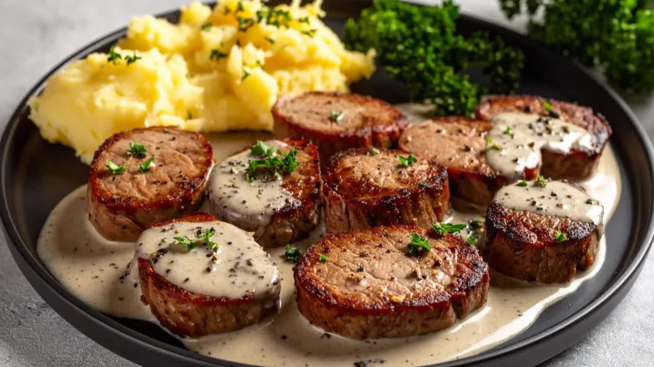 Мясо просто ТАЕТ во рту! Обалденно Вкусно и Просто на одной сковороде. Мясо в Сливочном соусе! смотреть онлайн