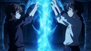 Аниме-фэнтези сцена: два молодых мага-близнеца создают защитный барьер