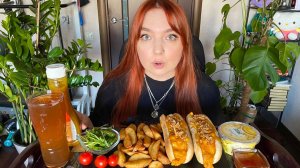 МУКБАНГ | Хот-дог с сырной кукурузой, картошка по-деревенски, соусы 🌭