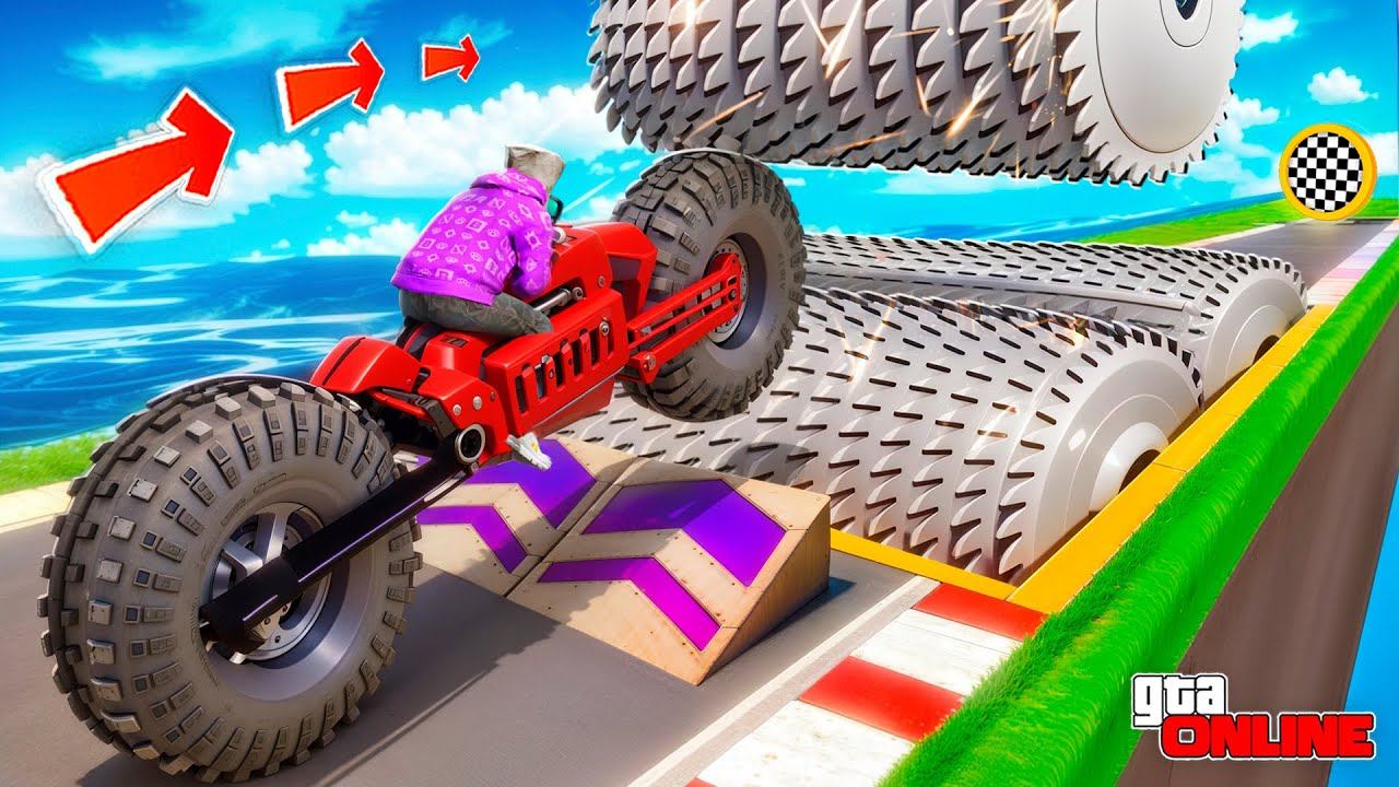 СМОЖЕТ ЛИ ЧИТЕРСКИЙ БАЙК ПЕРЕПРЫГНУТЬ ОГРОМНУЮ МЯСОРУБКУ В GTA 5? МОТОЦИКЛЫ - ЭКСПЕРИМЕНТЫ ГТА 5 смотреть онлайн