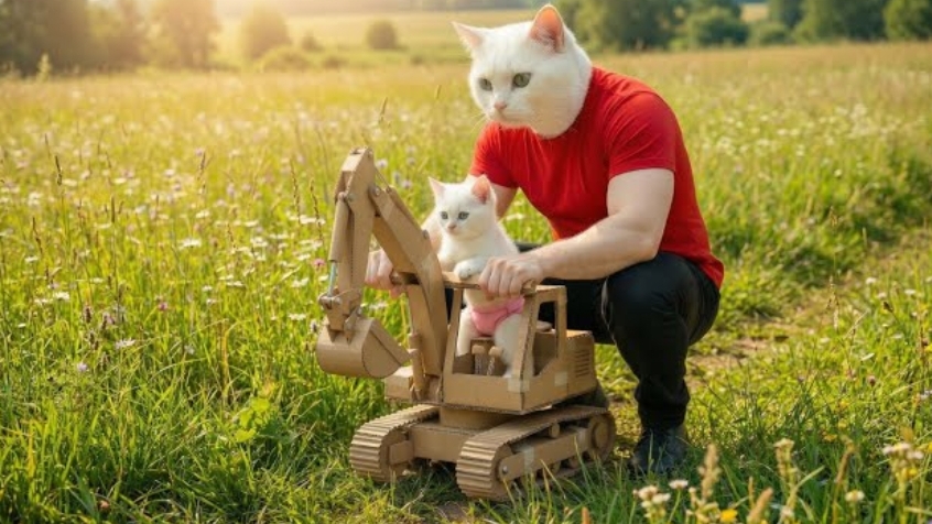 Котенка дразнят , за то что он играет картонным экскаватором. смотреть онлайн