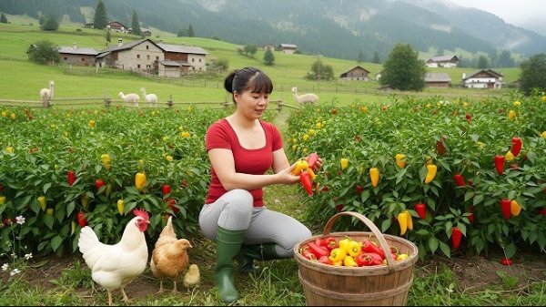 Сбор урожая сладкого перца чили для продажи на рынке. Спокойный день в сельской местности. Фуонг