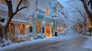 Зимняя улица с уютным кафе ❄️ Тёплый свет окон и спокойный джаз