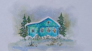 Зимний пейзаж с бирюзовым домиком акварелью