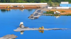 Amazing Dump Truck Filling Lake with SHANTUI Bulldozer Pushing Soil Building New Road