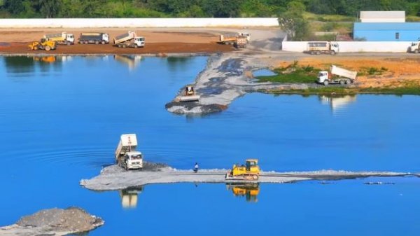 Amazing Dump Truck Filling Lake with SHANTUI Bulldozer Pushing Soil Building New Road