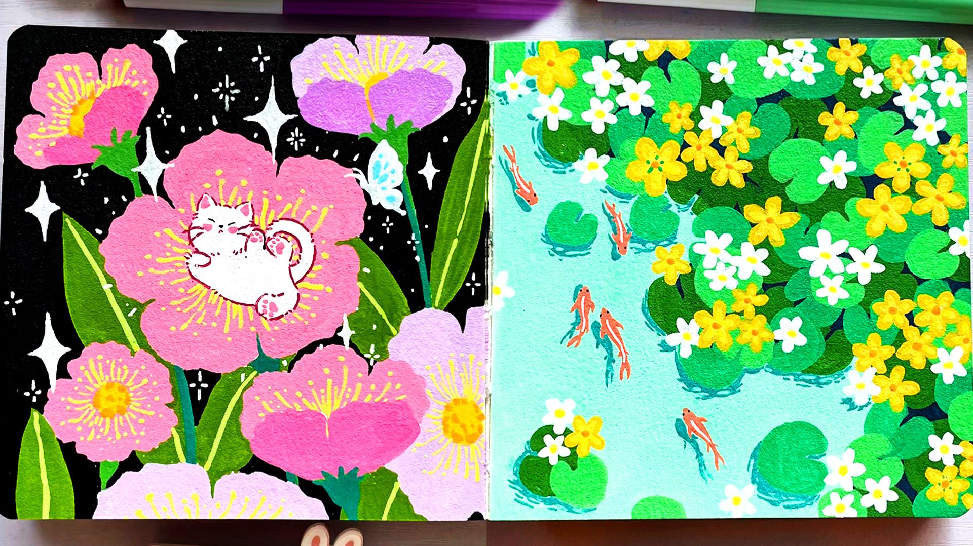 Рисуем кота в цветке, рыбок в пруду. Акриловый маркер. Простые идеи рисования смотреть онлайн