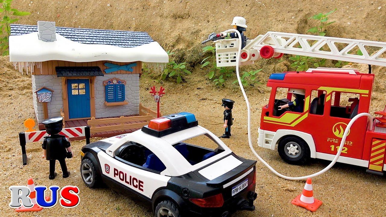 Пожарная машина Экскаватор Вертолет Полицейские машинки - видео распаковка
