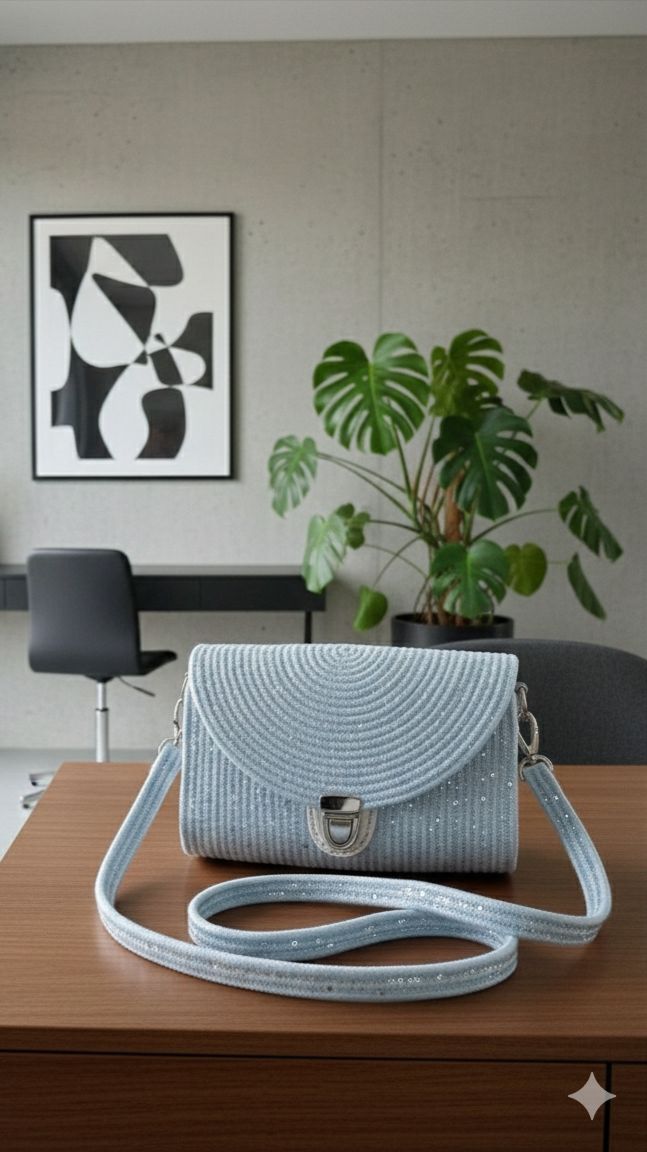 Обзор сумочки (кросс-боди) из плетеного шнура нежно-голубого цвета с добавлением нити из пайеток. смотреть онлайн