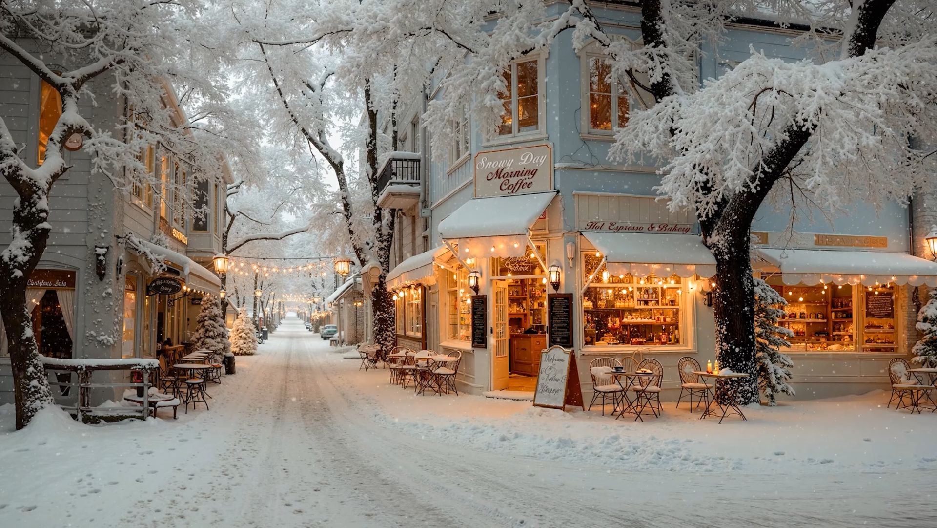 Уютная зимняя улица с кафе ❄️ Тёплый свет, снег и спокойная атмосфера смотреть онлайн