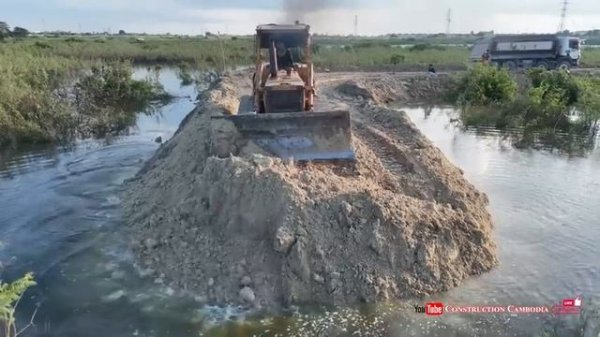 Amazing Powerful Dozer Pushing Soil & Dump Trucks Dumping Soil Build Road Around Connect Processing