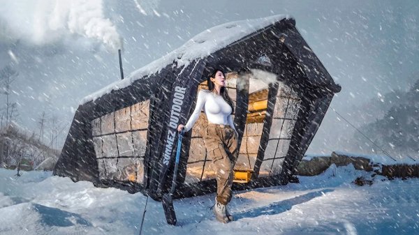 Kirin Camp - Camping In a Snowstorm with a GIANT Inflatable Tent